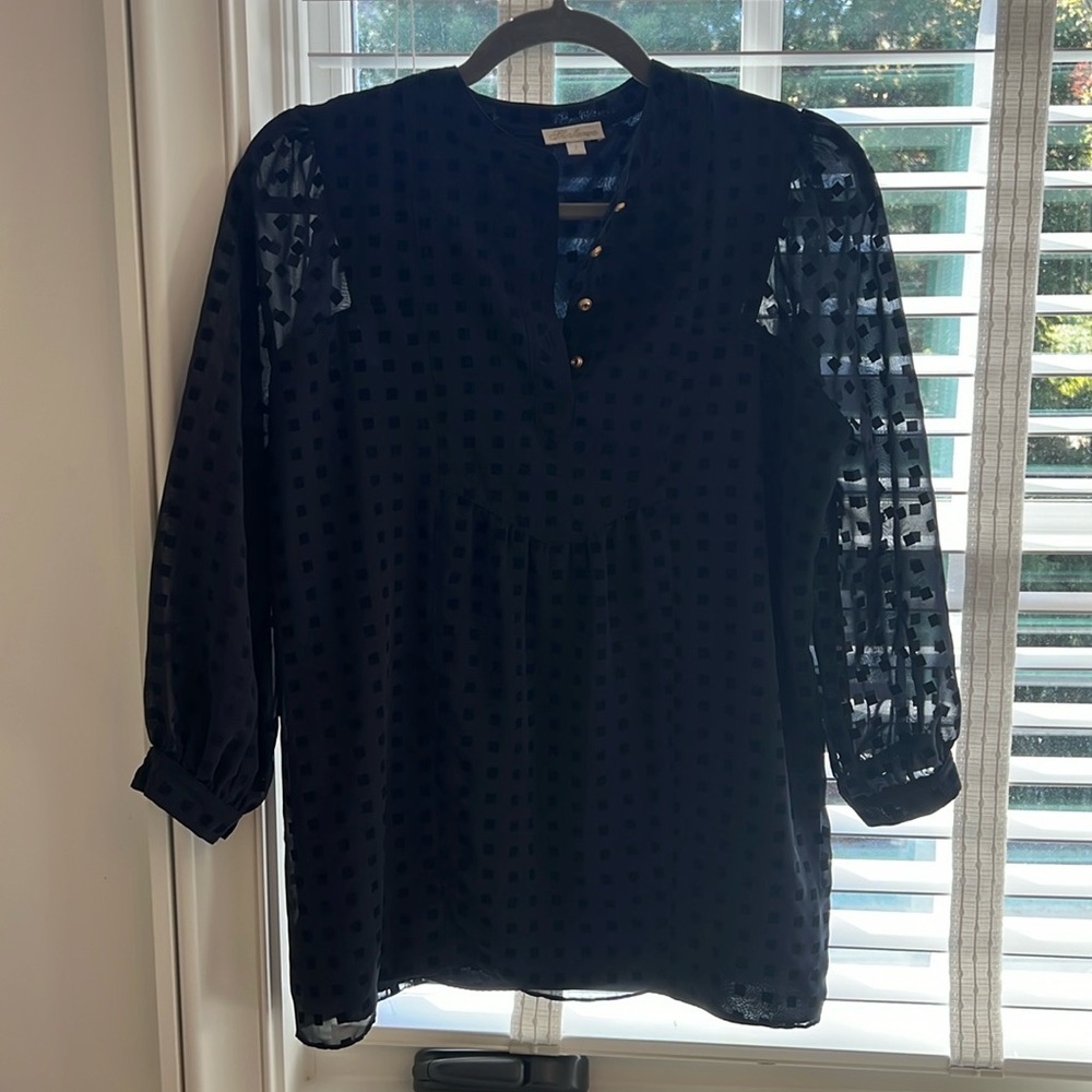 Shoshanna navy and square print peplum blouse with sheer sleeve detail